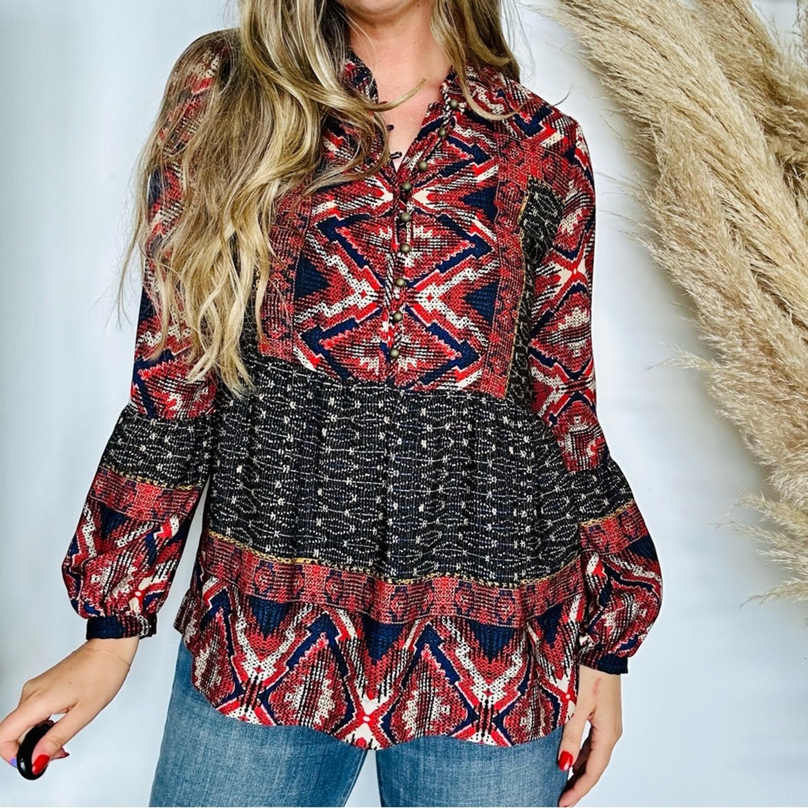 Anthropologie Joseph Konrad Zydeco Red Black Peasant Silky Blouse Tunic Top M